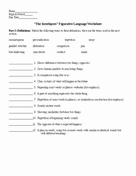 Figurative Language Worksheet 2 Answers Lovely the Interlopers by Saki Figurative Language Worksheet
