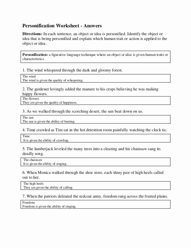 Figurative Language Worksheet 2 Answers Luxury Object Personification Essay
