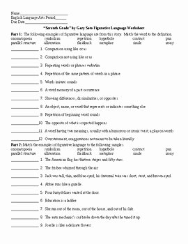 Figurative Language Worksheet 2 Answers Luxury Seventh Grade by Gary soto Figurative Language Worksheet