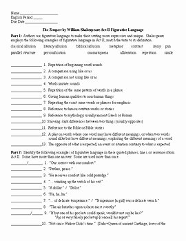 Figurative Language Worksheet 2 Answers Luxury the Tempest by William Shakespeare Act Ii Figurative