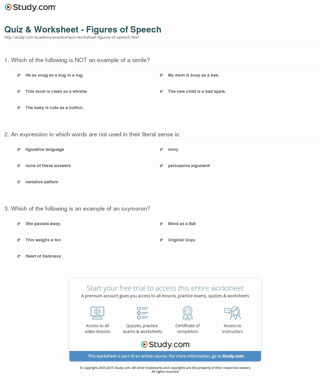 Figures Of Speech Worksheet Awesome Quiz &amp; Worksheet Figures Of Speech