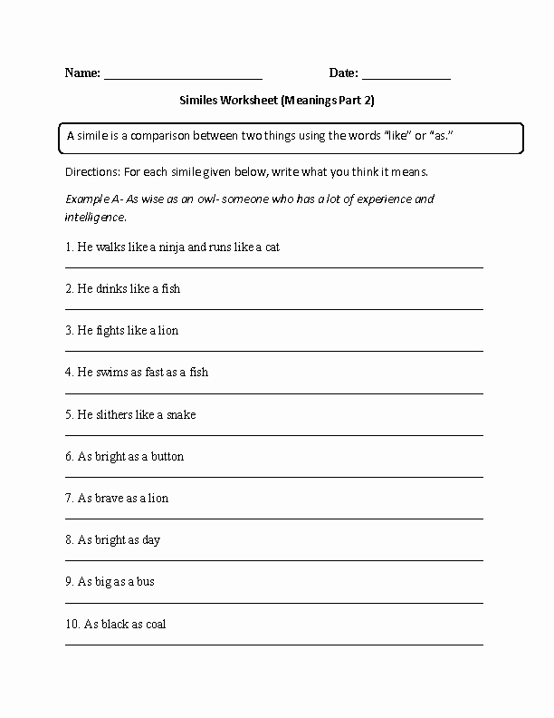 50 Figures Of Speech Worksheet