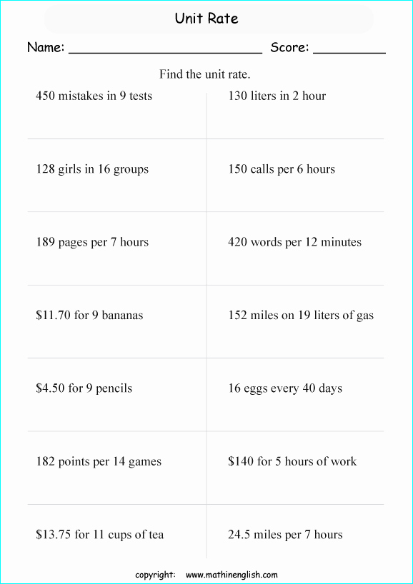 50 Finding Unit Rates Worksheet
