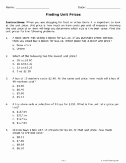 Finding Unit Rates Worksheet Beautiful Finding Unit Prices Grade 6 Free Printable Tests and