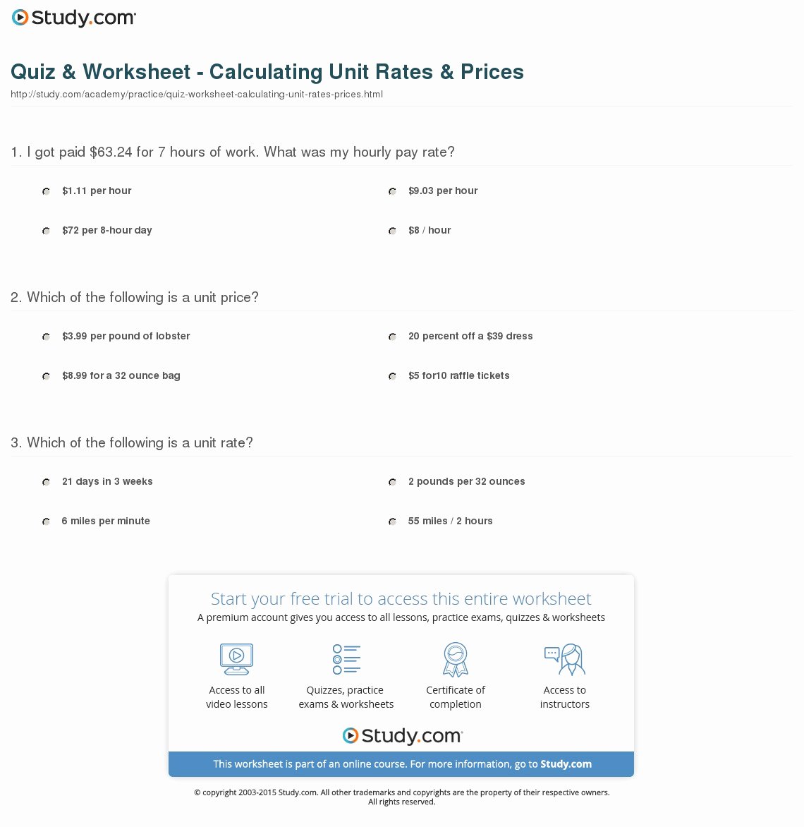 Finding Unit Rates Worksheet Luxury Quiz &amp; Worksheet Calculating Unit Rates &amp; Prices