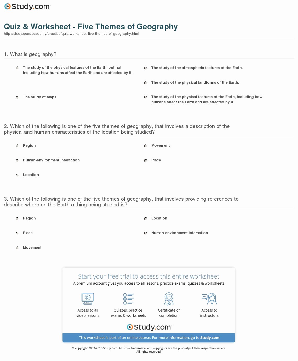 Five themes Of Geography Worksheet Awesome Quiz &amp; Worksheet Five themes Of Geography