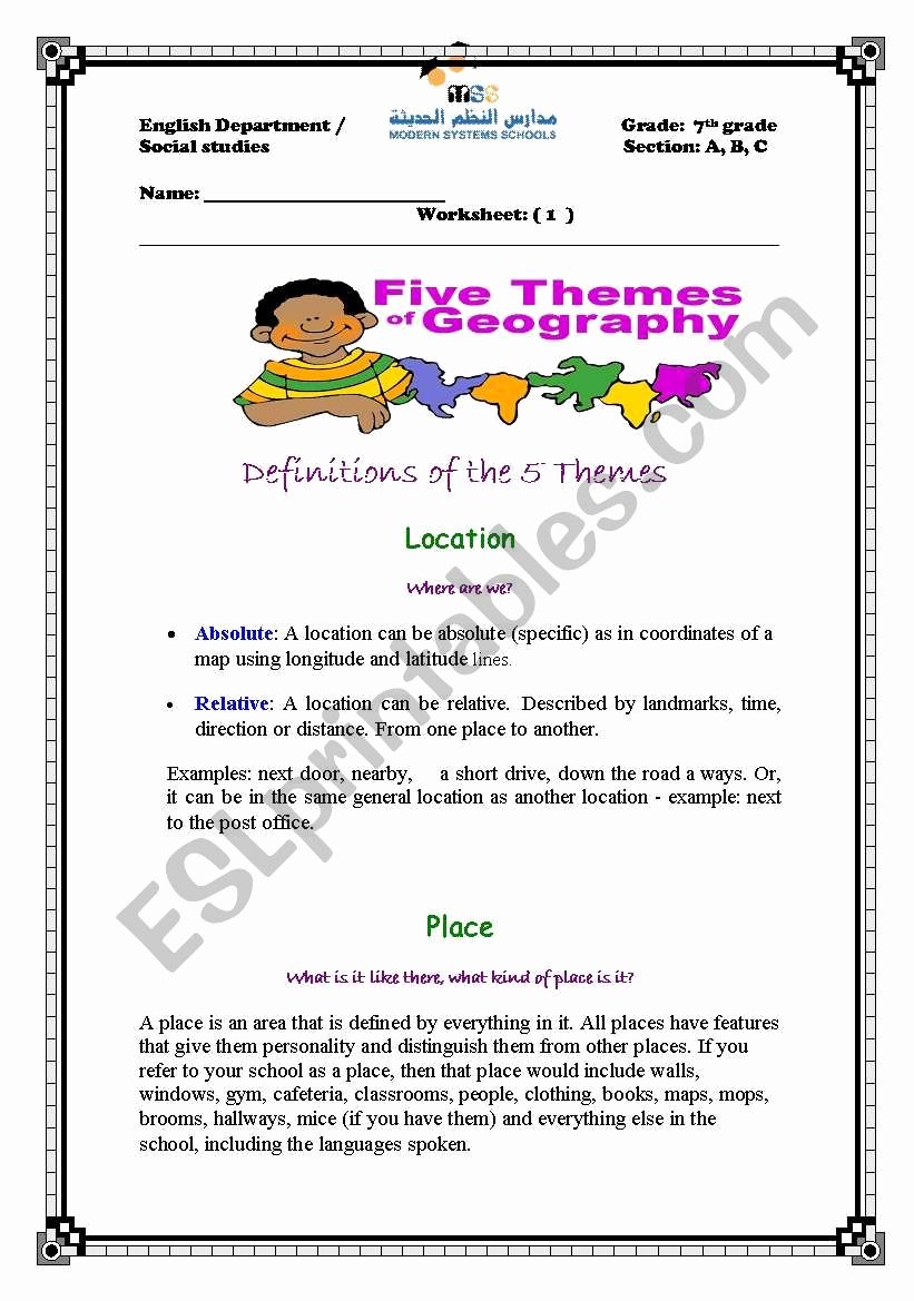 Five themes Of Geography Worksheet Inspirational English Worksheets the Five themes Of Geography