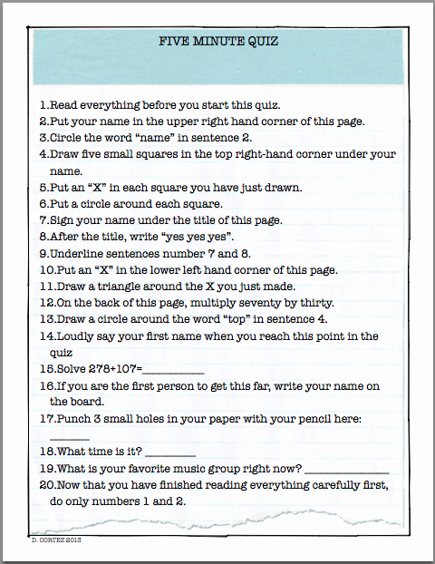 Following Directions Worksheet Middle School New Following Directions Quiz 4th Grade Stuff