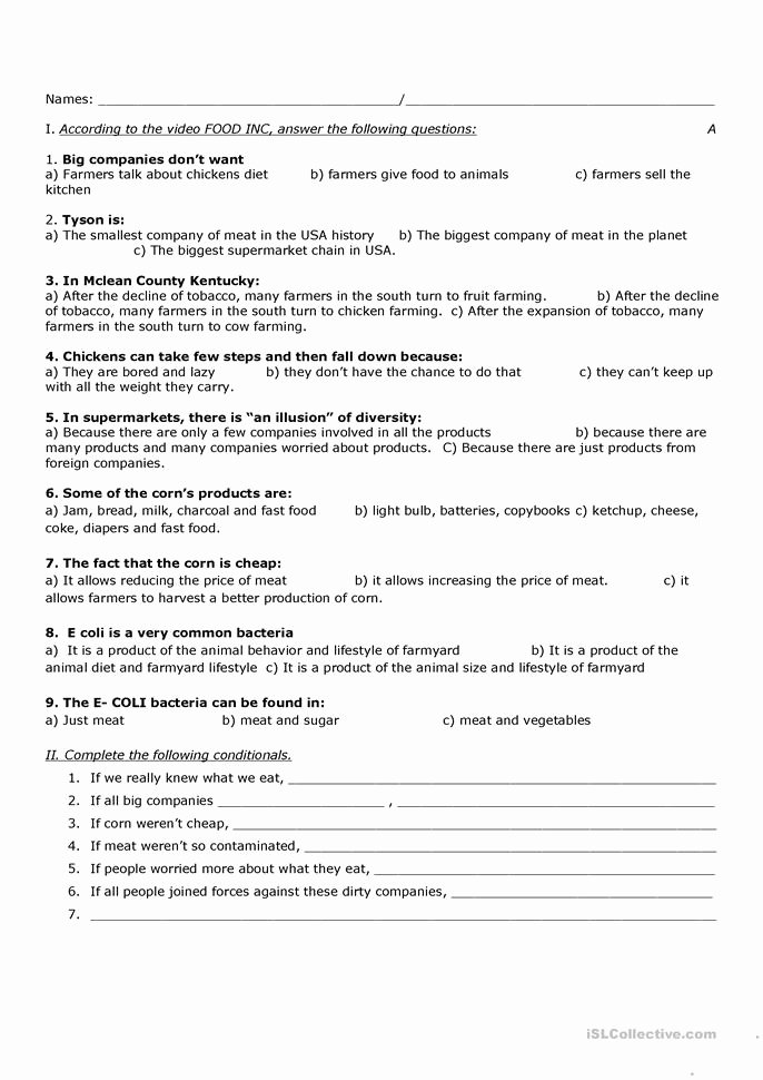Food Inc Movie Worksheet Answers Beautiful Food Inc Worksheet Free Esl Printable Worksheets Made by