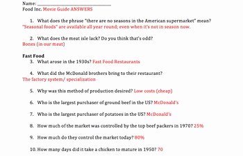 Food Inc Movie Worksheet Answers Best Of Food Inc Movie Guide Answers by Mrs History