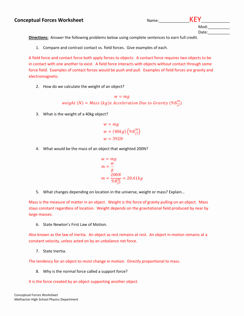 Force and Motion Worksheet Answers Best Of Conceptual forces Worksheet