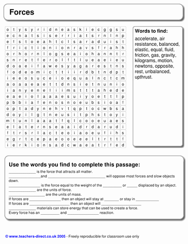 Force and Motion Worksheet Answers Fresh forces Keywords Cloze Word Search by Erhgiez