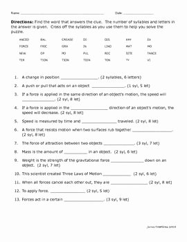 Force and Motion Worksheet Answers Inspirational forces and Motion Vocabulary Syllable Puzzle