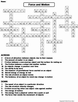 Force and Motion Worksheet Answers Lovely force and Motion Worksheet Crossword Puzzle by Science