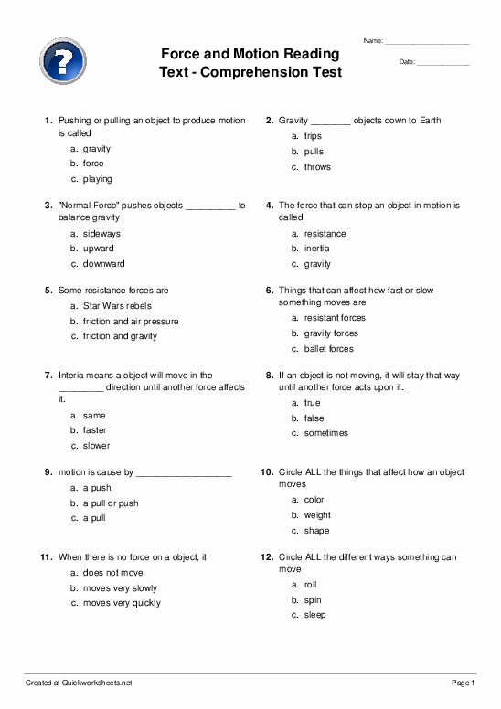 Force and Motion Worksheet Answers New force and Motion Reading Text Prehension Test