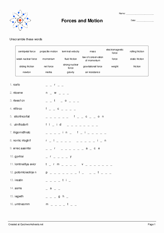 Forces and Motion Worksheet Beautiful forces and Motion Word Scramble Quickworksheets