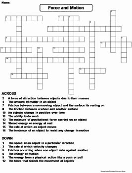Forces and Motion Worksheet New force and Motion Worksheet Crossword Puzzle by Science