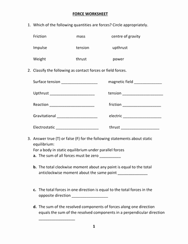 50 Forces Worksheet 1 Answer Key