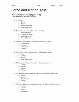 Forces Worksheet 1 Answer Key Luxury forces and Motion Unit Test with Answer Key by Nicolle