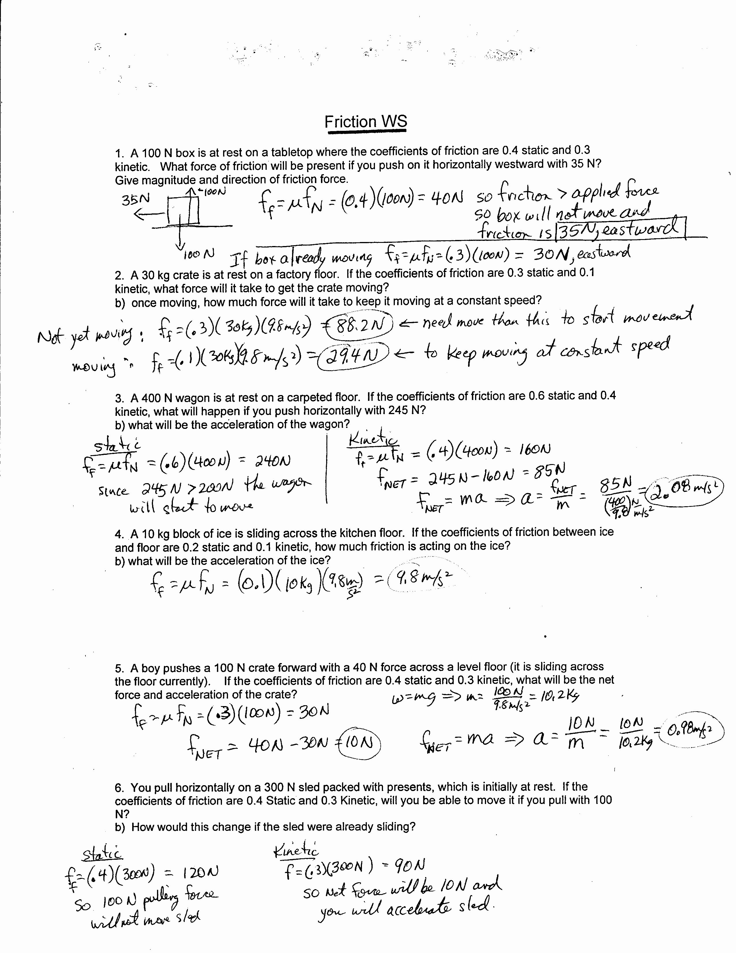 Forces Worksheet 1 Answer Key New Coefficient Friction Worksheet Answers