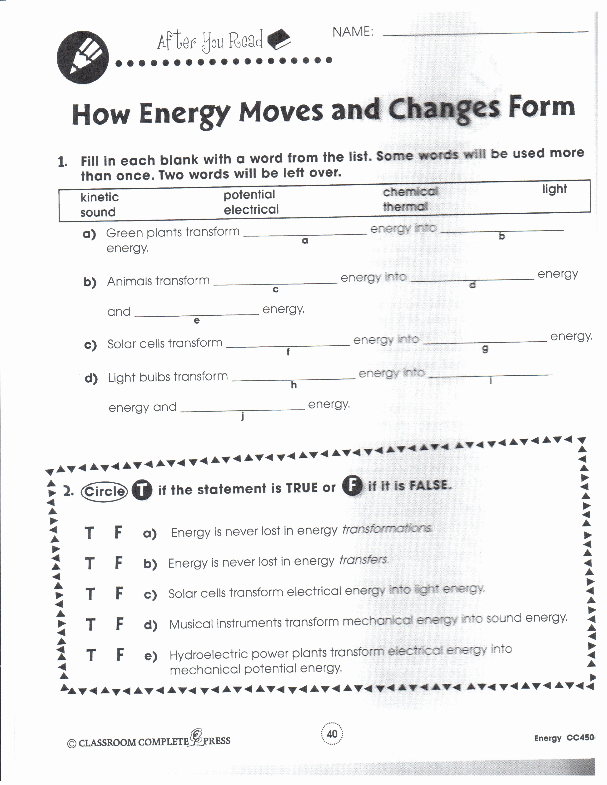 Forms Of Energy Worksheet Answers Elegant Physical Science January 2013