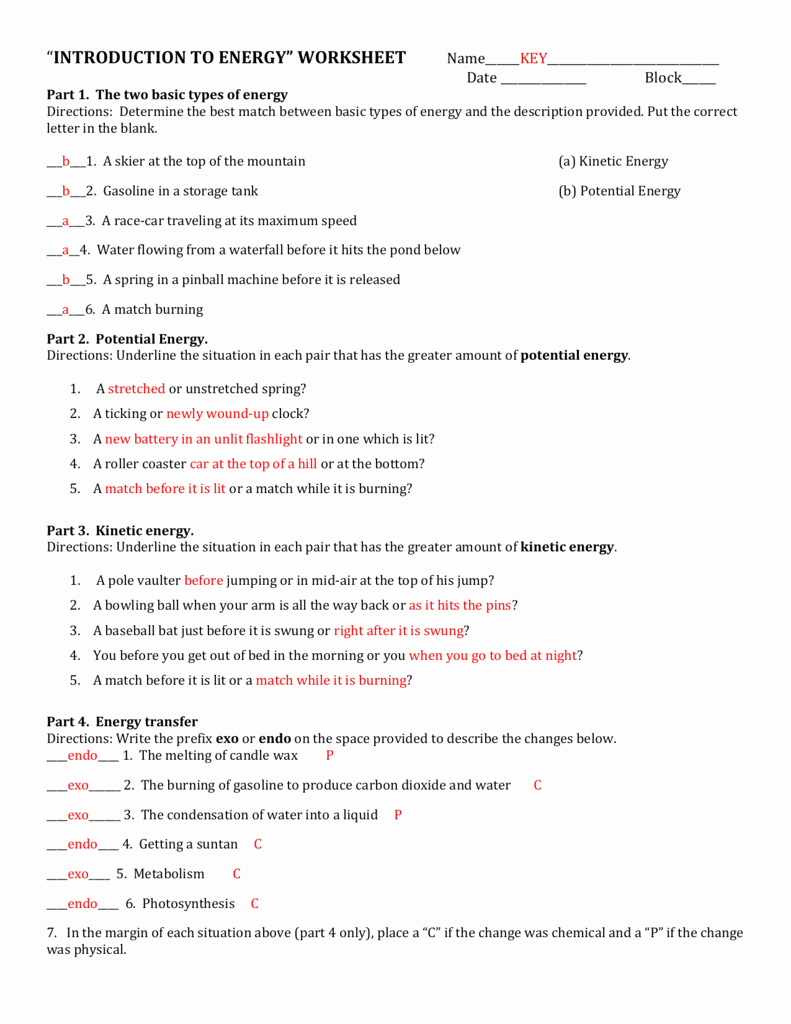 Forms Of Energy Worksheet Answers Lovely Introduction to Energy Worksheet