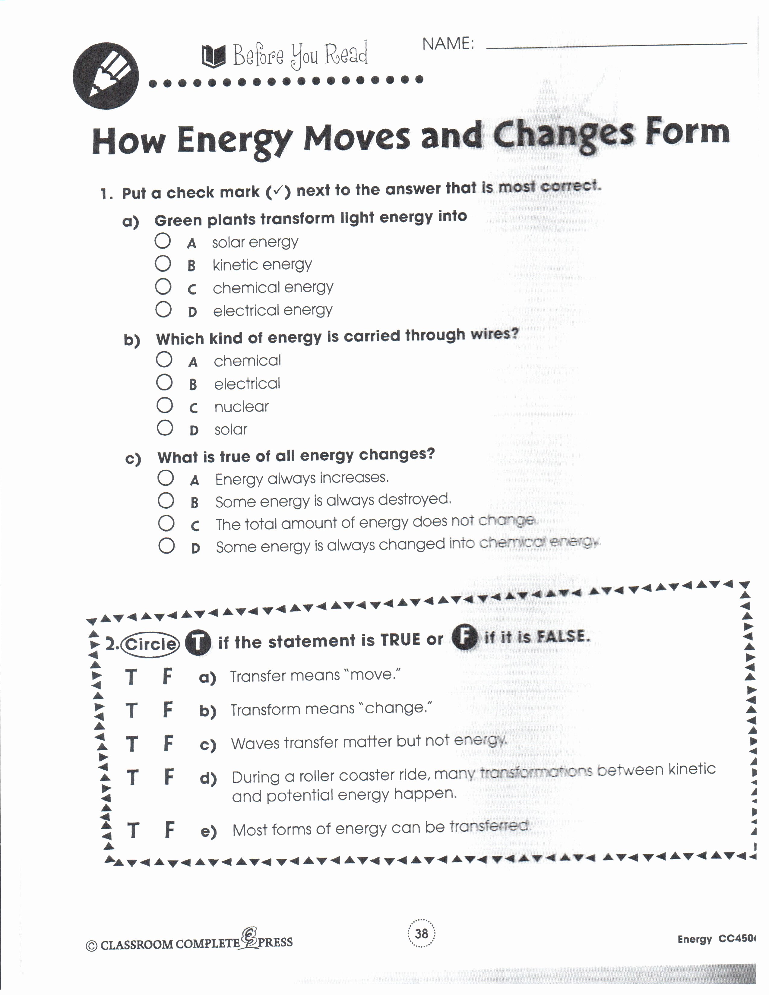 Forms Of Energy Worksheet Answers Lovely Physical Science January 2013