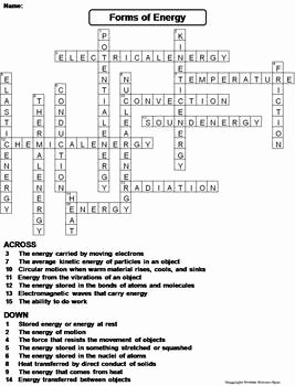 Forms Of Energy Worksheet Answers Luxury forms Of Energy Worksheet Crossword Puzzle by Science