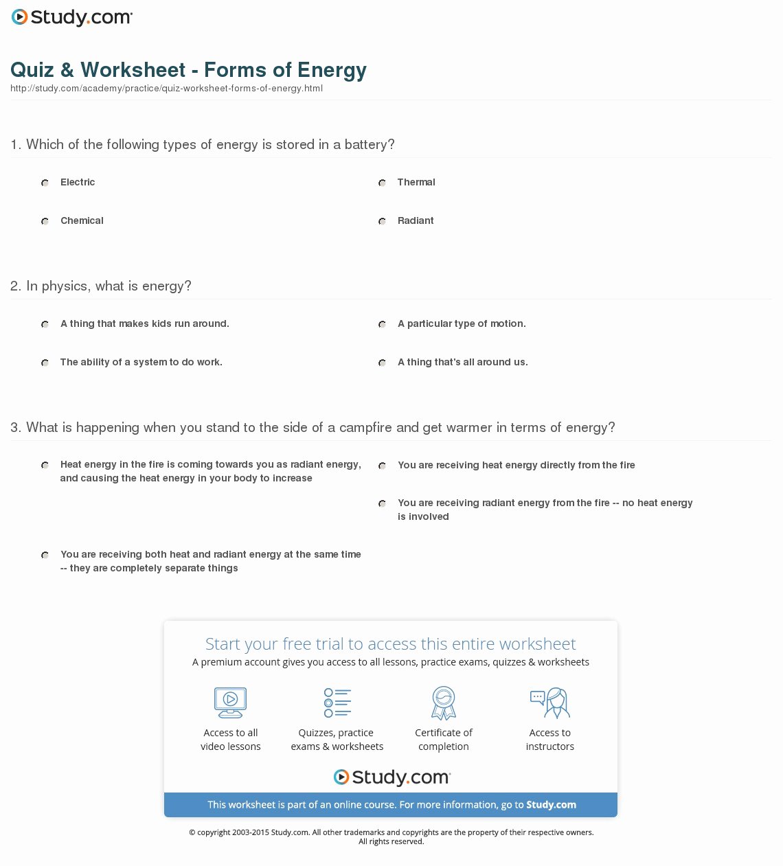 Forms Of Energy Worksheet Awesome Quiz &amp; Worksheet forms Of Energy