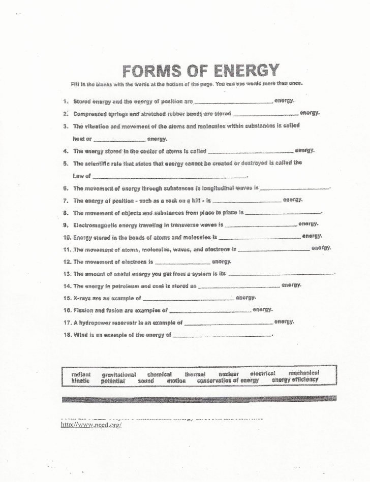 Forms Of Energy Worksheets Grade 6