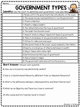 Forms Of Government Worksheet Lovely Government Types Review Chart Questions Worksheet