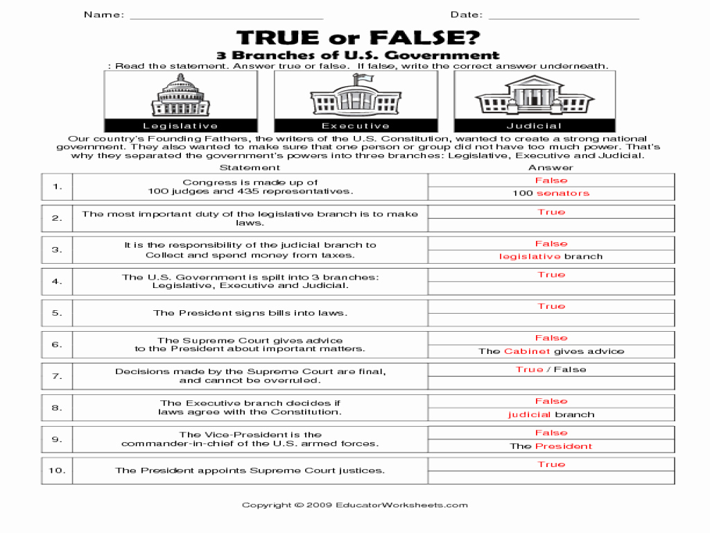 Forms Of Government Worksheet New True or False 3 Branches Of U S Government Worksheet