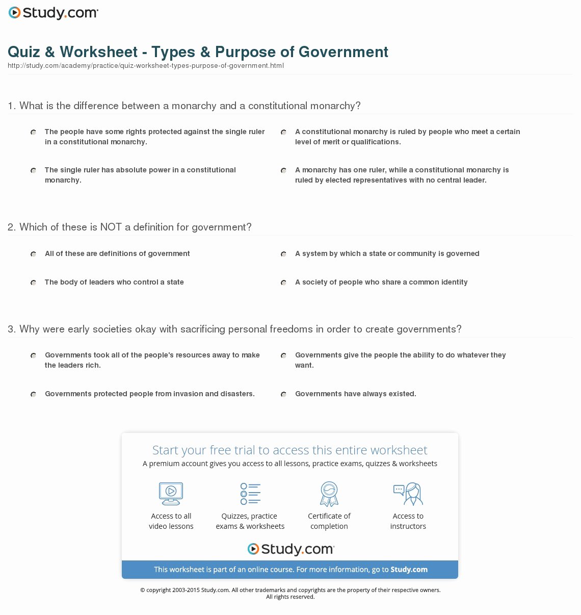 Forms Of Government Worksheet Unique Quiz &amp; Worksheet Types &amp; Purpose Of Government