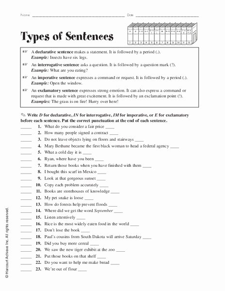 Four Types Of Sentences Worksheet Beautiful Types Of Sentences Worksheet for 4th 8th Grade