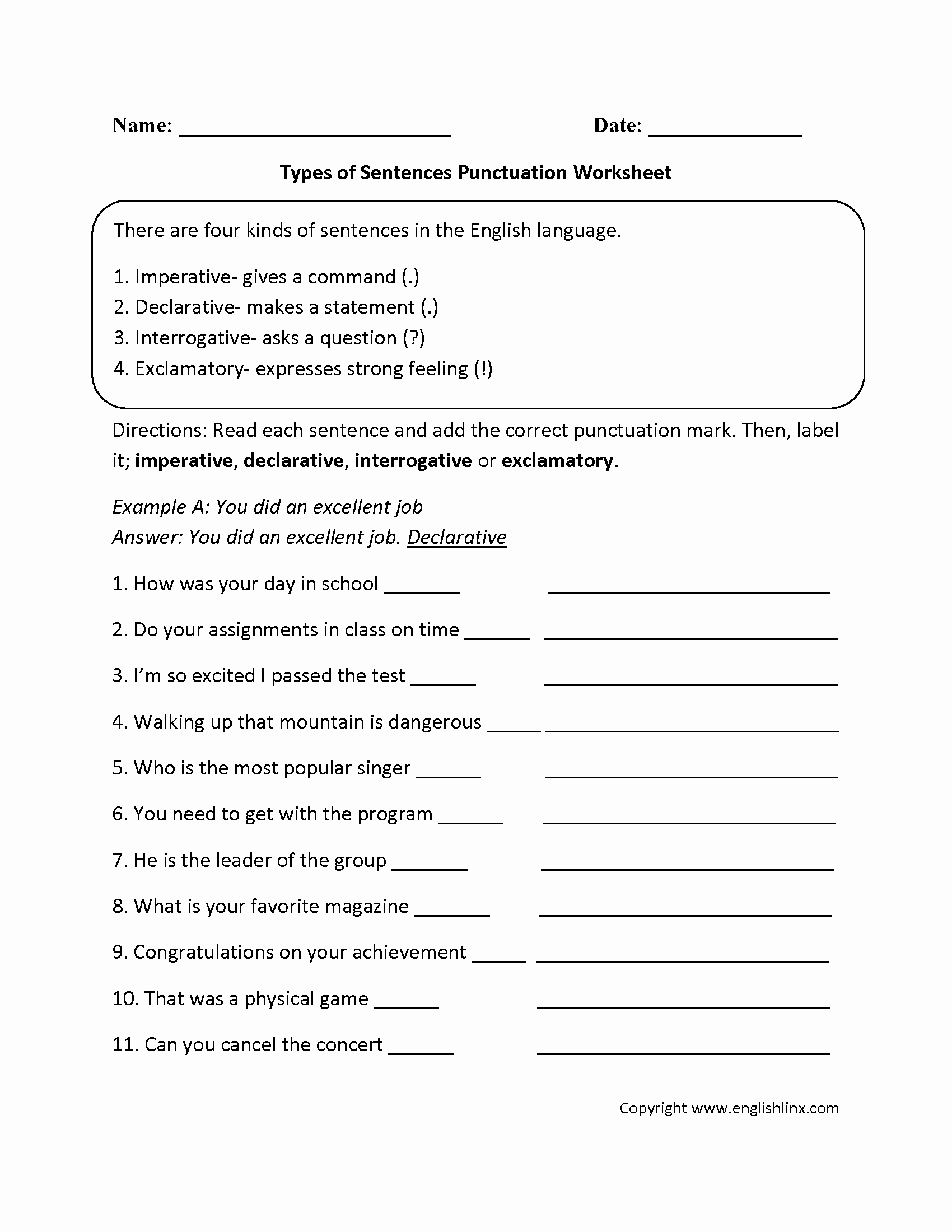 Four Types Of Sentences Worksheet Fresh Types Of Sentences Worksheets