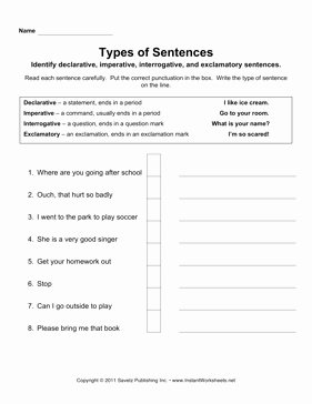Four Types Of Sentences Worksheet New Sentence Types