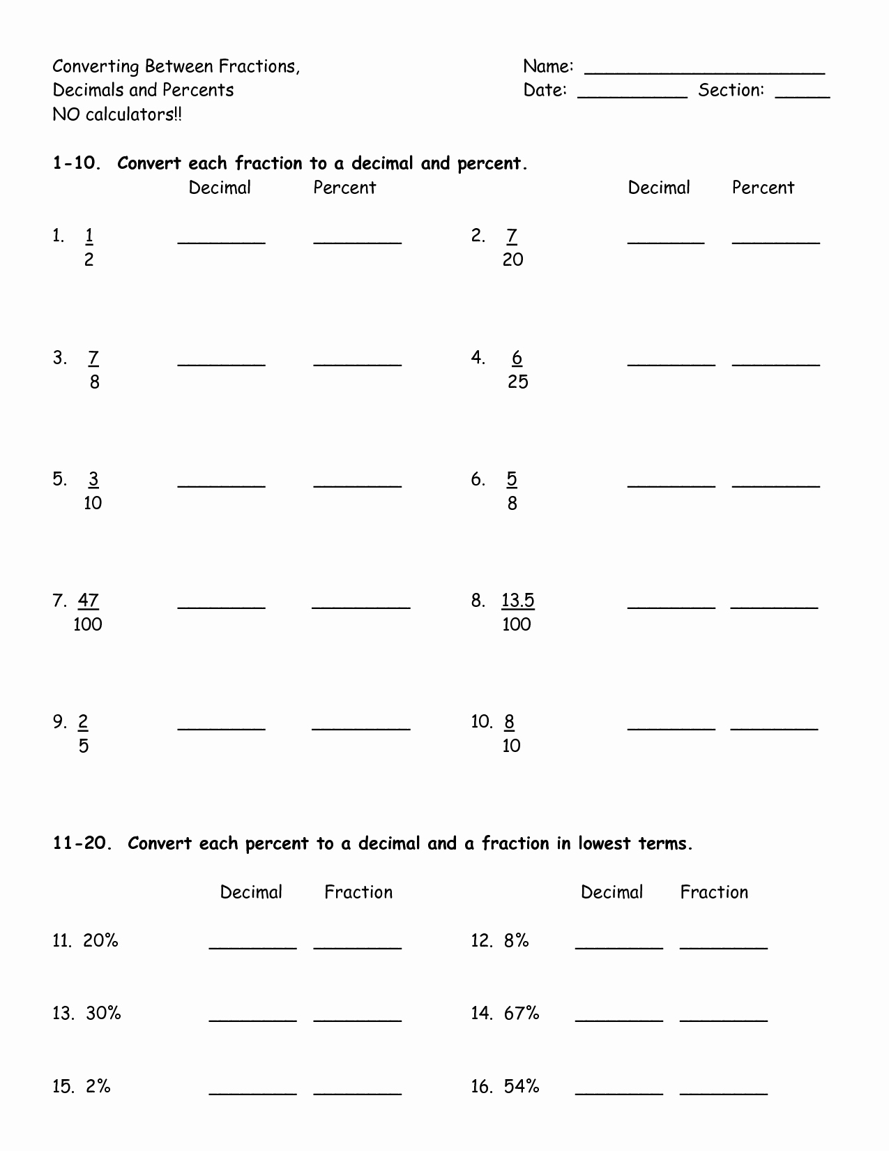 Fraction Decimal Percent Conversion Worksheet Awesome 13 Best Of Printable Calculator Worksheets