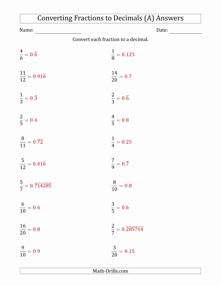 Fraction Decimal Percent Worksheet Pdf Awesome Converting Fractions to Terminating and Repeating Decimals A