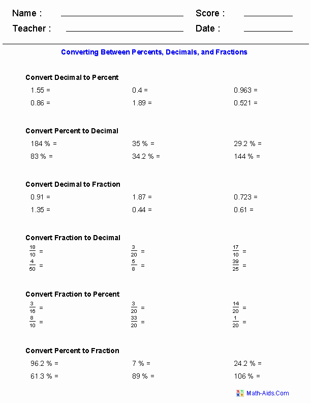 Fraction Decimal Percent Worksheet Pdf New Converting Between Percents Decimals and Fractions