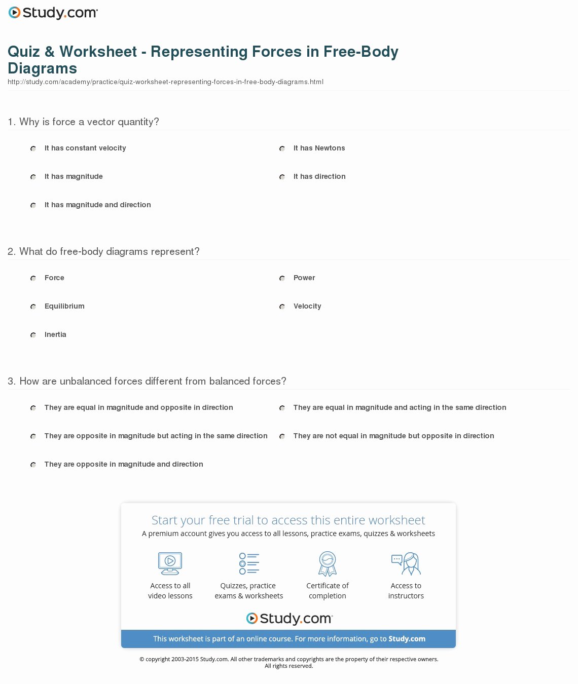 Free Body Diagram Worksheet Answers Awesome Quiz &amp; Worksheet Representing forces In Free Body