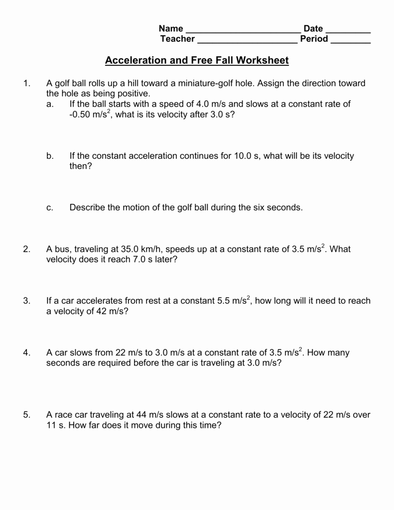 50 Free Fall Problems Worksheet