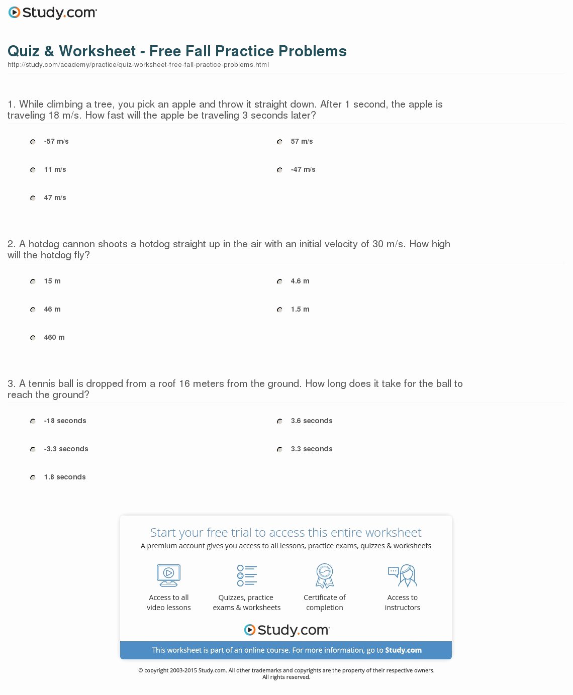 Free Fall Problems Worksheet Elegant Quiz &amp; Worksheet Free Fall Practice Problems