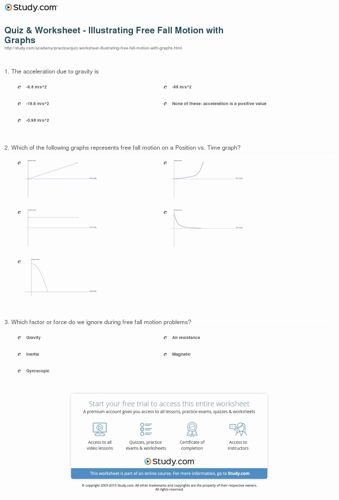Free Fall Worksheet Answers Beautiful Quiz &amp; Worksheet Illustrating Free Fall Motion with