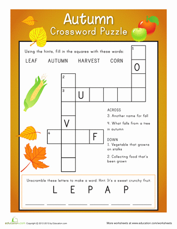 Free Fall Worksheet Answers Lovely Easy Autumn Crossword Fall School theme