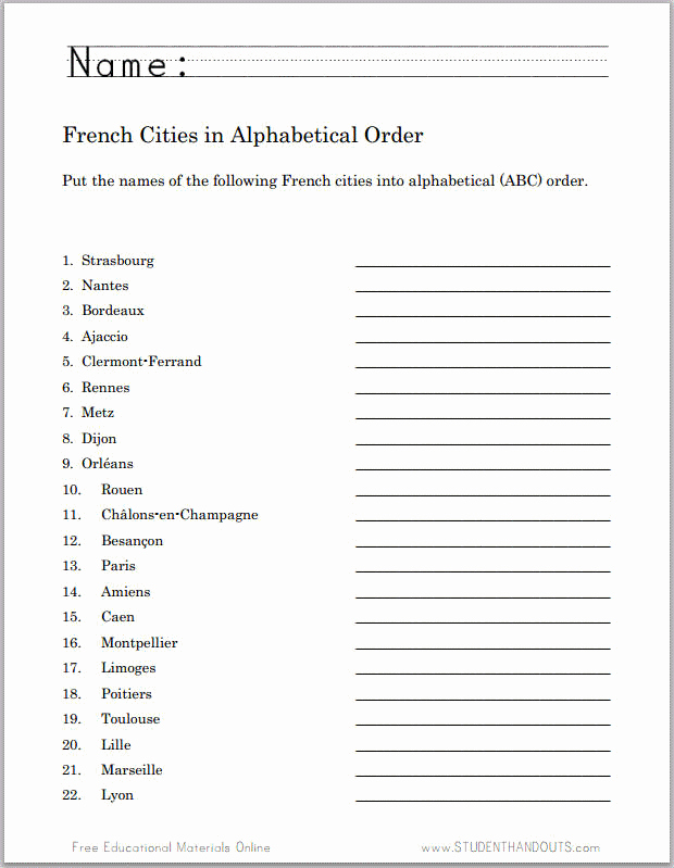 French Worksheet for Kids New French Cities In Abc order Worksheet