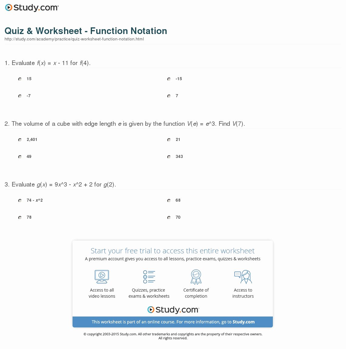 50 Function Notation Worksheet Answers