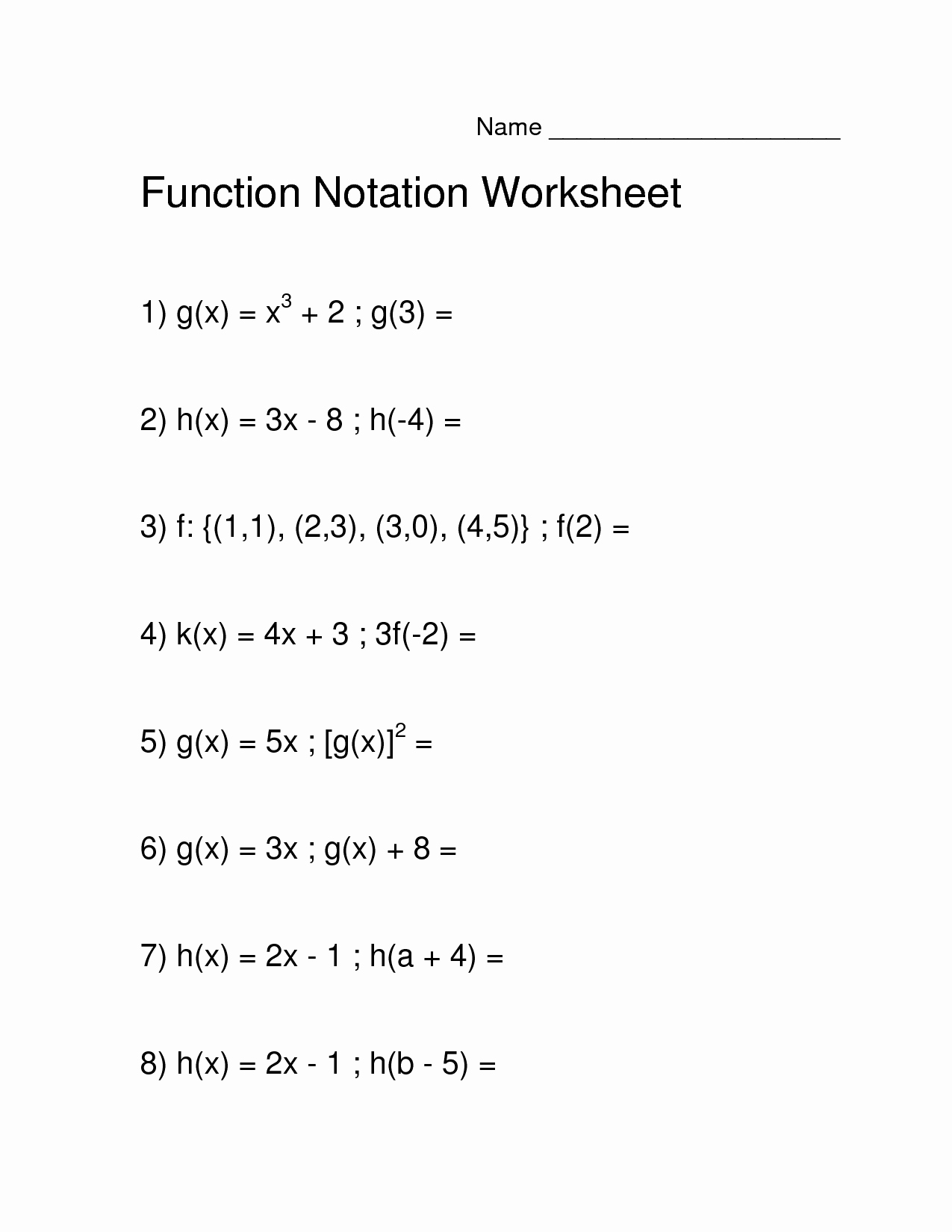 50 Function Notation Worksheet Answers