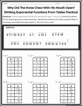 Function Tables Worksheet Pdf Awesome Writing Exponential Functions From Tables Practice Riddle