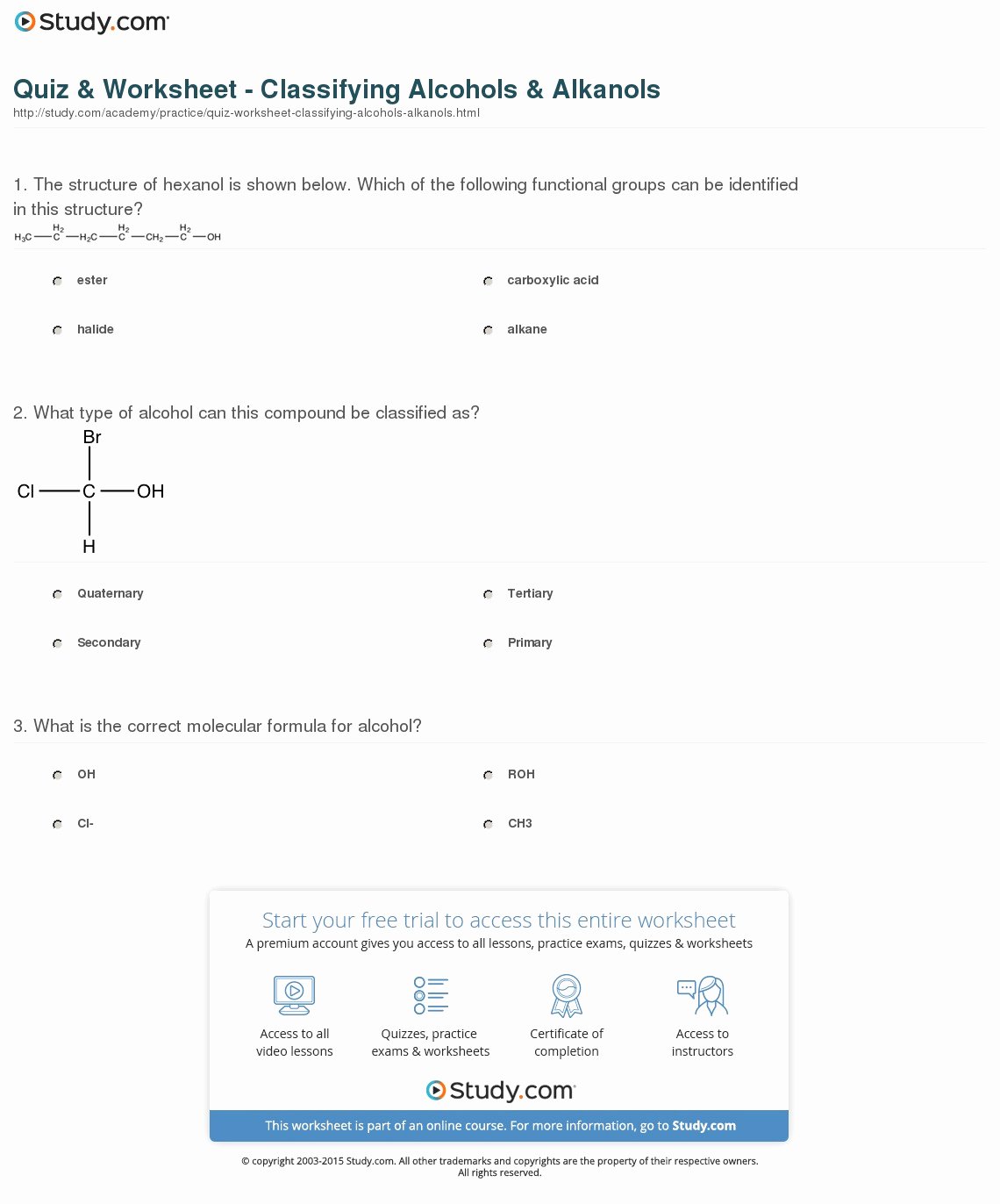 Functional Group Practice Worksheet Best Of Quiz &amp; Worksheet Classifying Alcohols &amp; Alkanols