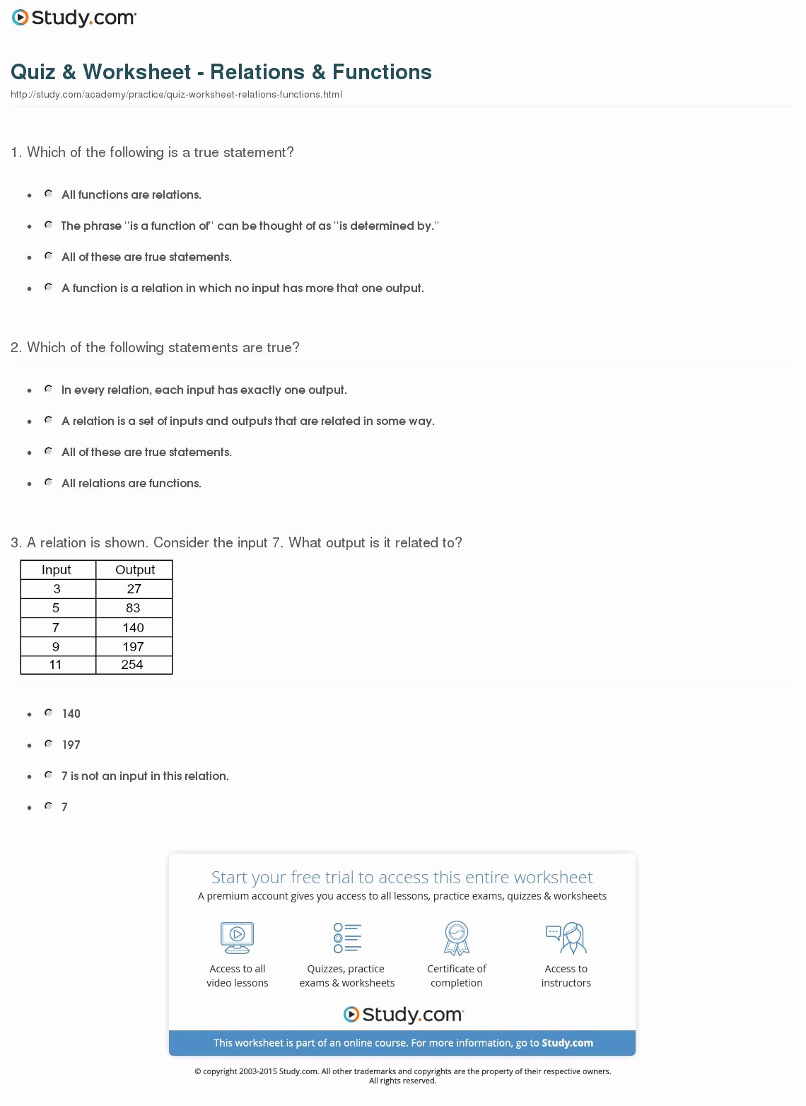 Functions and Relations Worksheet Unique Quiz &amp; Worksheet Relations &amp; Functions